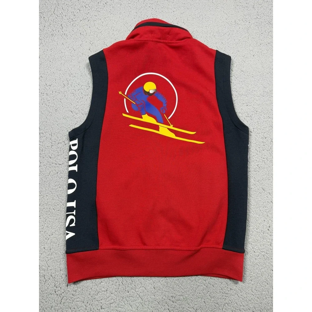 Polo Ralph Lauren Ski USA Vest Mens Small Red Fleece Graphic‎ Hooded Zip Polo